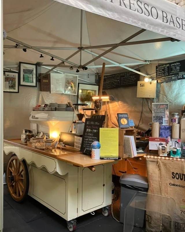 A copy of The London Coffee Guide displayed on Espresso Base's cart